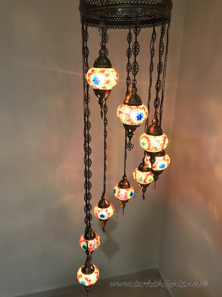 9-BALL TURKISH  MOSAIC CHANDELIER WITH MEDIUM GLOBES - TurkishLights.NET