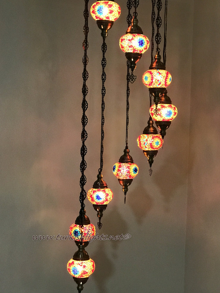 9-BALL TURKISH  MOSAIC CHANDELIER WITH MEDIUM GLOBES - TurkishLights.NET