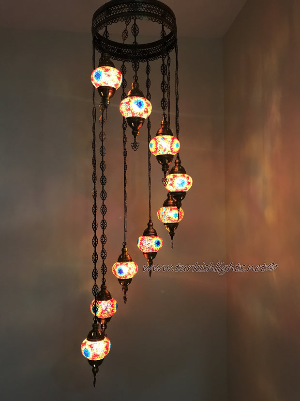 9-BALL TURKISH  MOSAIC CHANDELIER WITH MEDIUM GLOBES - TurkishLights.NET