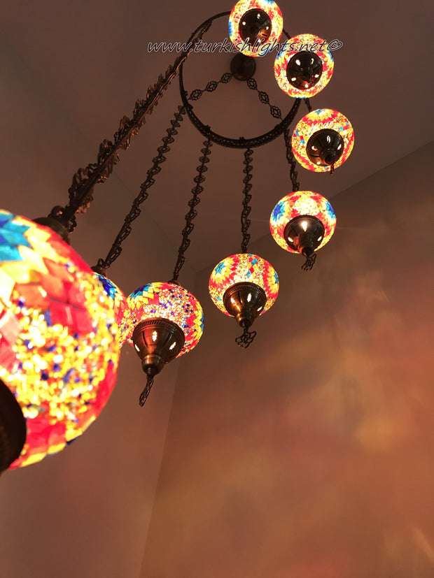 9-BALL TURKISH  MOSAIC CHANDELIER WITH MEDIUM GLOBES - TurkishLights.NET