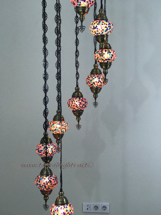 9-BALL TURKISH  MOSAIC CHANDELIER WITH MEDIUM GLOBES - TurkishLights.NET