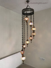 9-BALL TURKISH  MOSAIC CHANDELIER WITH MEDIUM GLOBES - TurkishLights.NET