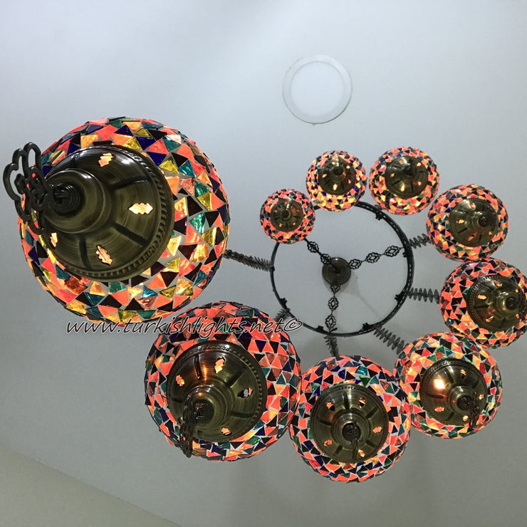 9-BALL TURKISH  MOSAIC CHANDELIER WITH MEDIUM GLOBES - TurkishLights.NET