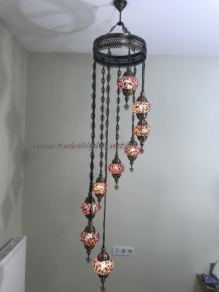 9-BALL TURKISH  MOSAIC CHANDELIER WITH MEDIUM GLOBES - TurkishLights.NET