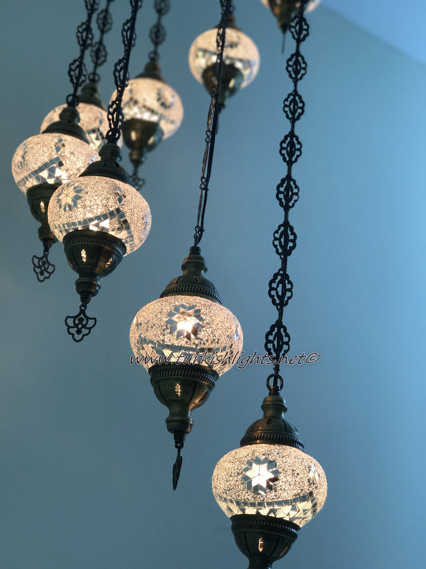 9-BALL TURKISH  MOSAIC CHANDELIER WITH MEDIUM GLOBES - TurkishLights.NET