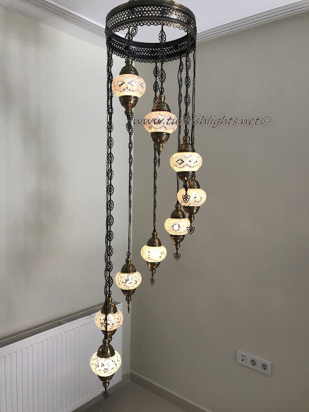 9-BALL TURKISH  MOSAIC CHANDELIER WITH MEDIUM GLOBES - TurkishLights.NET