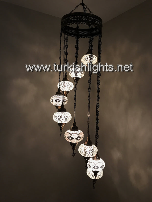 9-BALL TURKISH  MOSAIC CHANDELIER WITH LARGE GLOBES, WHITE - TurkishLights.NET