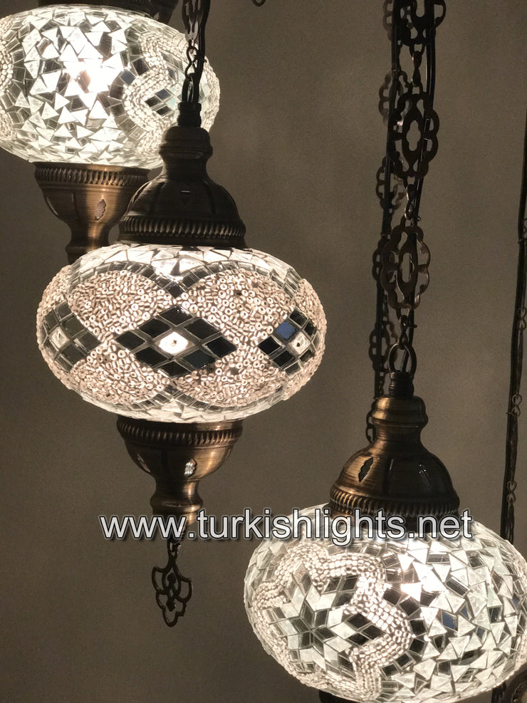 9-BALL TURKISH  MOSAIC CHANDELIER WITH LARGE GLOBES, WHITE - TurkishLights.NET