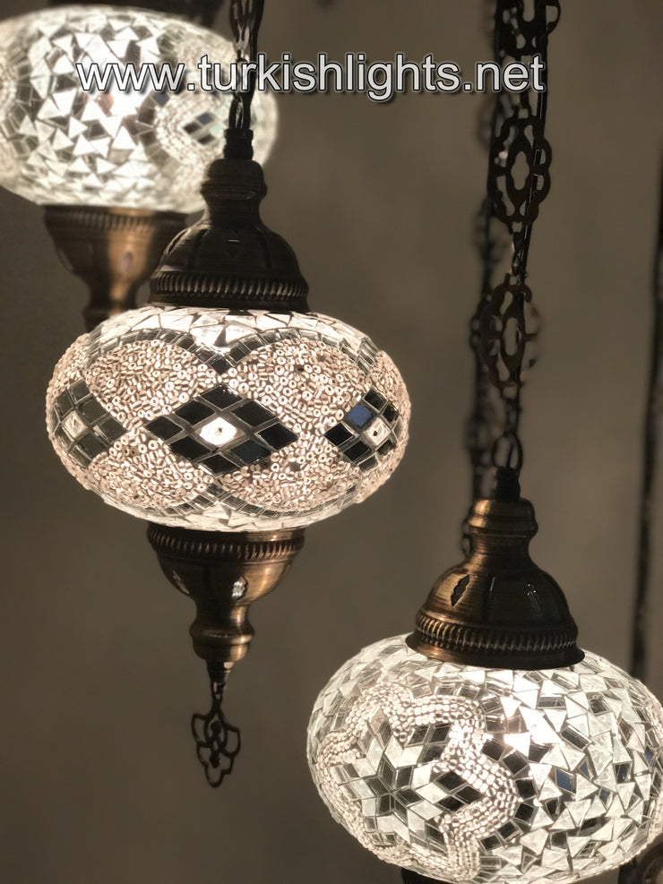 9-BALL TURKISH  MOSAIC CHANDELIER WITH LARGE GLOBES, WHITE - TurkishLights.NET