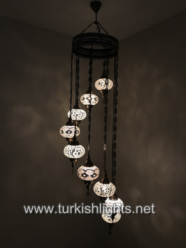 9-BALL TURKISH  MOSAIC CHANDELIER WITH LARGE GLOBES, WHITE - TurkishLights.NET