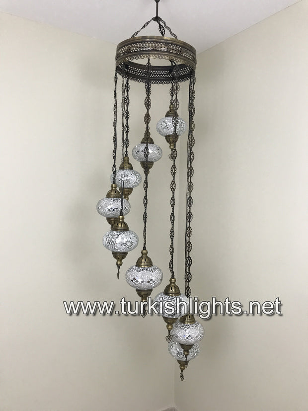 9-BALL TURKISH  MOSAIC CHANDELIER WITH LARGE GLOBES, WHITE - TurkishLights.NET