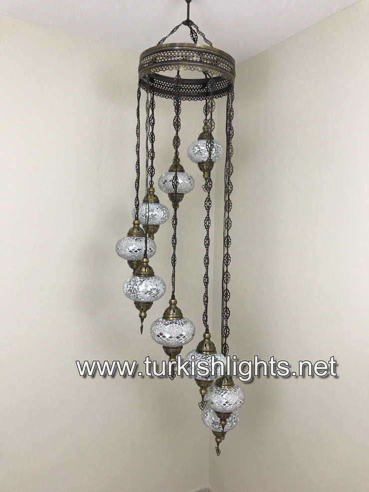 9-BALL TURKISH  MOSAIC CHANDELIER WITH LARGE GLOBES, WHITE - TurkishLights.NET