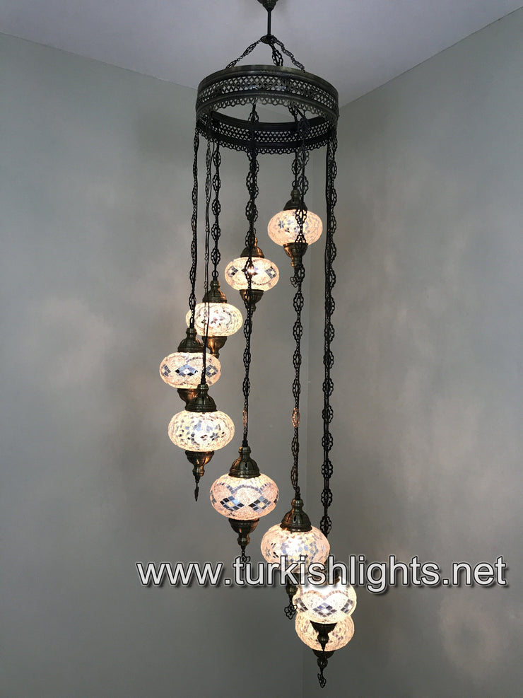 9-BALL TURKISH  MOSAIC CHANDELIER WITH LARGE GLOBES, WHITE - TurkishLights.NET