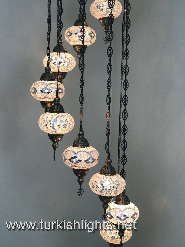 9-BALL TURKISH  MOSAIC CHANDELIER WITH LARGE GLOBES, WHITE - TurkishLights.NET