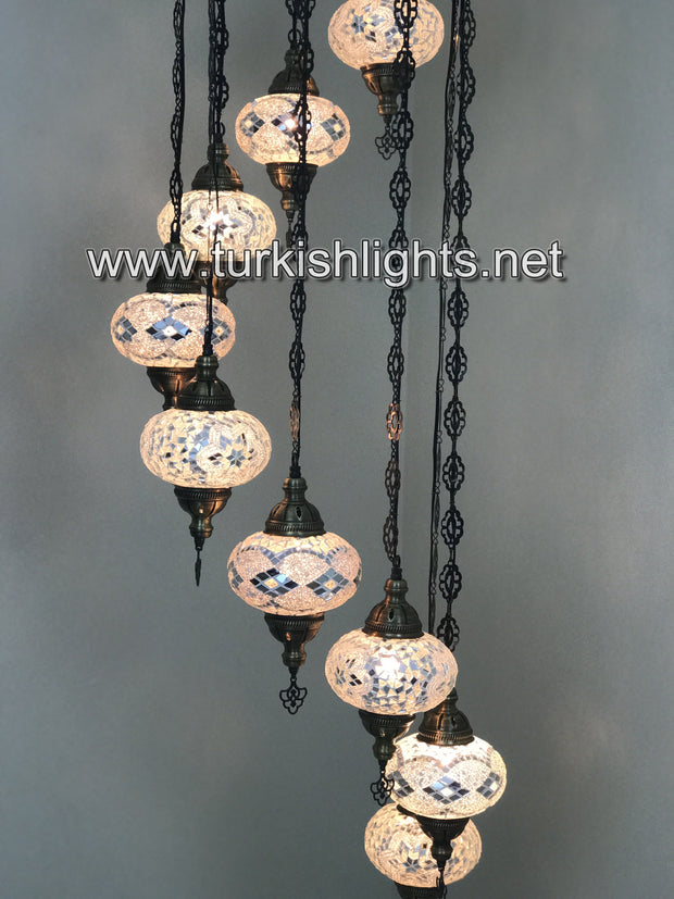 9-BALL TURKISH  MOSAIC CHANDELIER WITH LARGE GLOBES, WHITE - TurkishLights.NET